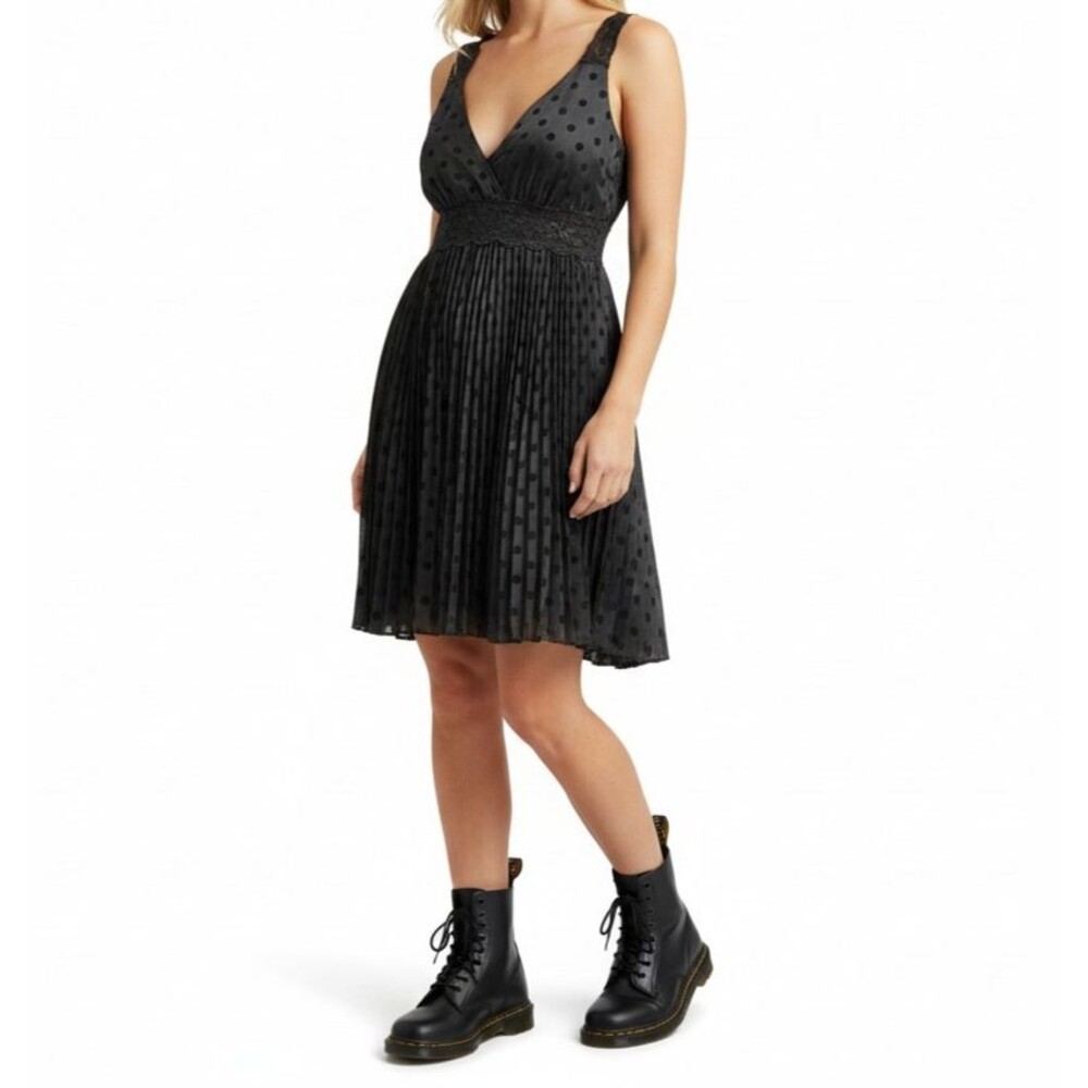 Lovely Day Black Swiss Dot Lace Party Dress Large Accordion Skirt Vintage Y2K